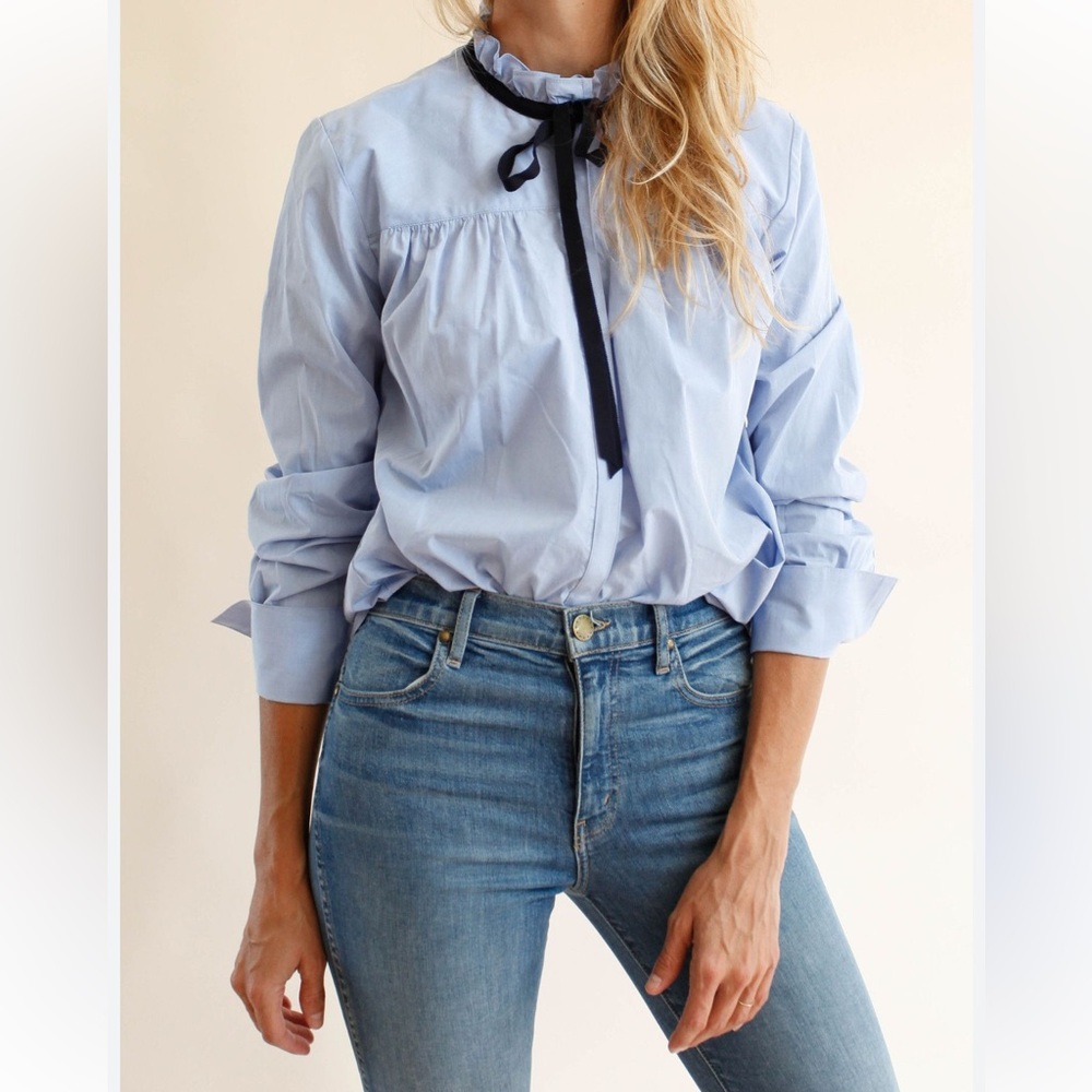 SEA NEW YORK Light Blue Ruffle Collar Top with Black Ribbon Lining & Detail